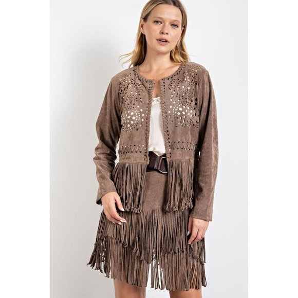 easel Jackets & Coats Easel Mocha Faux Suede Rounded Neckline